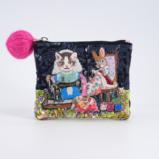 【3月上旬お届け】スパンコール刺繍ポーチSewing Friends