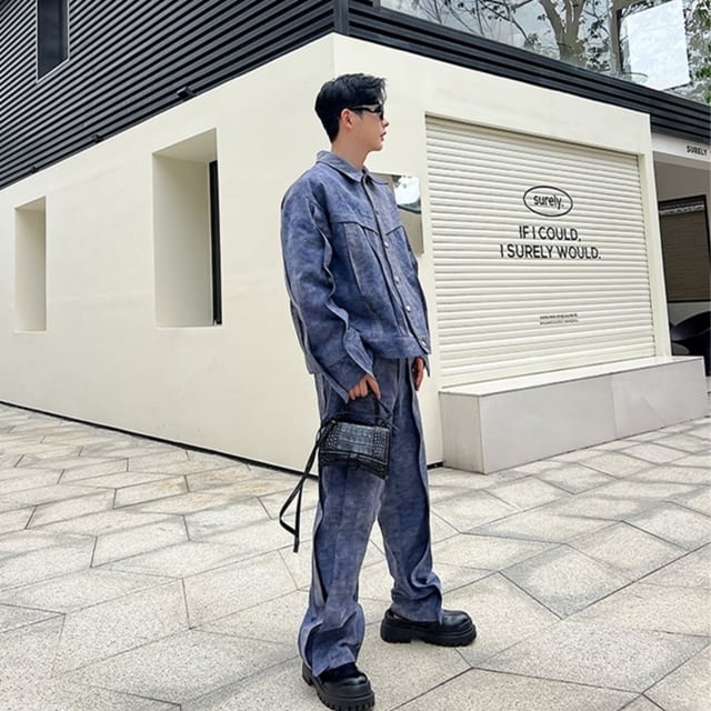 予約販売】メンズ セットアップ メンズ デニム カジュアル ブルー 立体