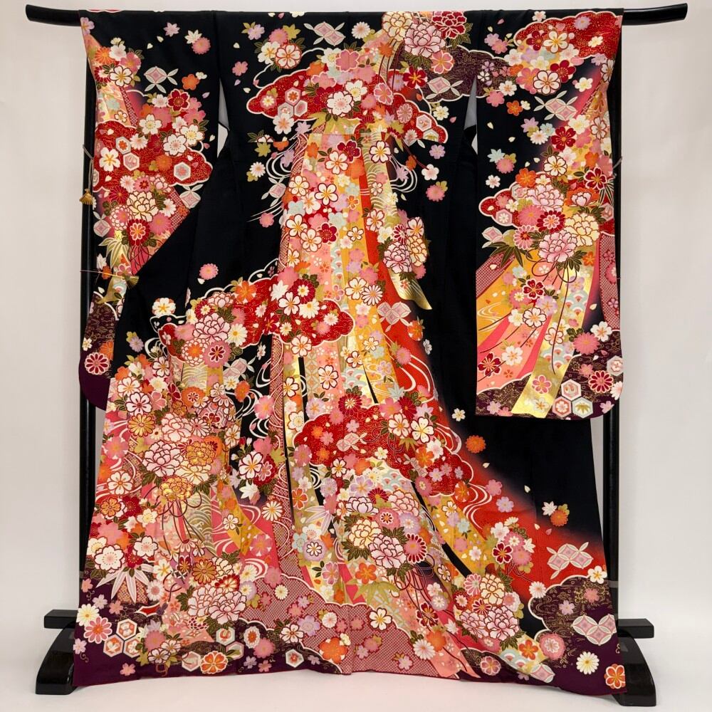 振袖 中古 黒 正絹 古典 裄69cm 身丈171.6cm 美品 L サイズ 成人式 6742
