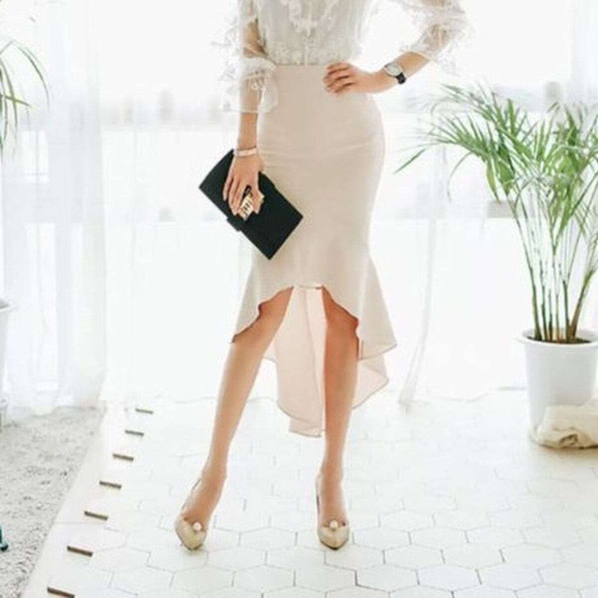 Drape Mermaid Hem Midi Skirt(2color) V3574