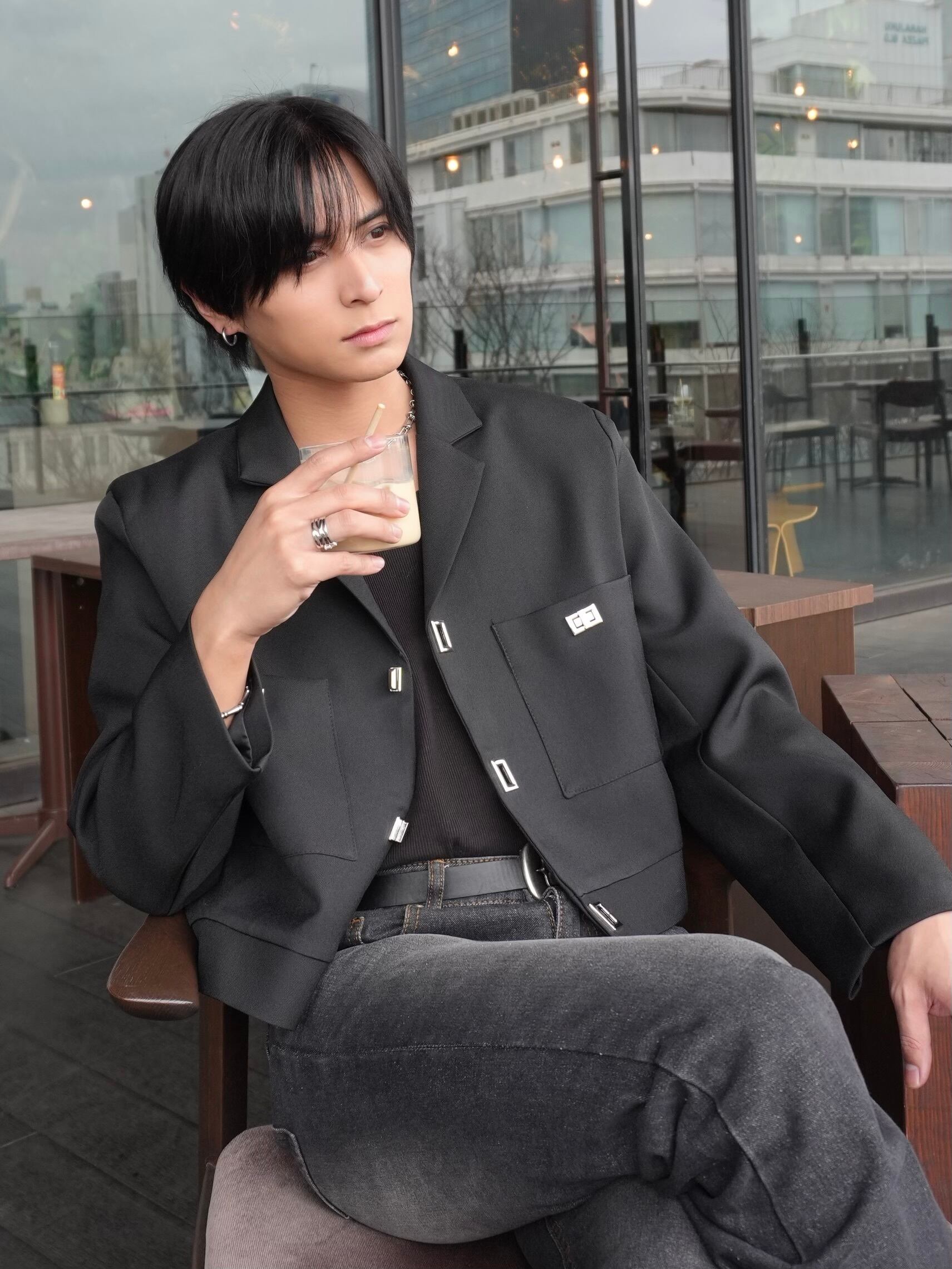 ALUDEノーカラージャケット 黒 ショート丈 ALUDE SELECT】chain short