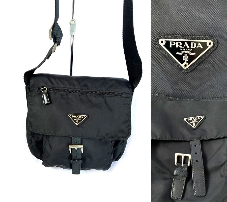 美品 国内正規 ギャラ付き 定価13万 PRADA プラダ ロゴ プレート リモンタナイロン レザー ショルダーバッグ ブラック