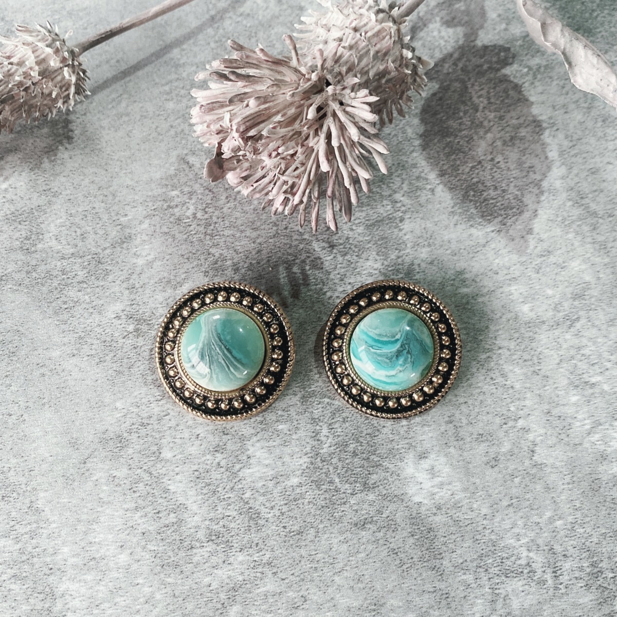 ブルーマーブルストーンラウンドヴィンテージ イヤリング | JVINTAGE