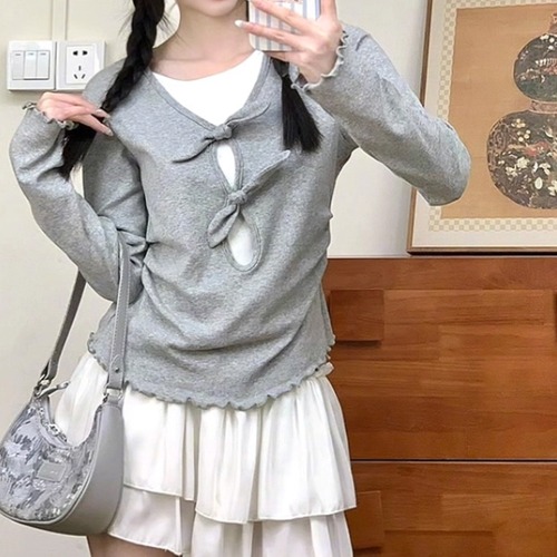 2色／リボンデザインレイヤード風メロウトップス ・72826