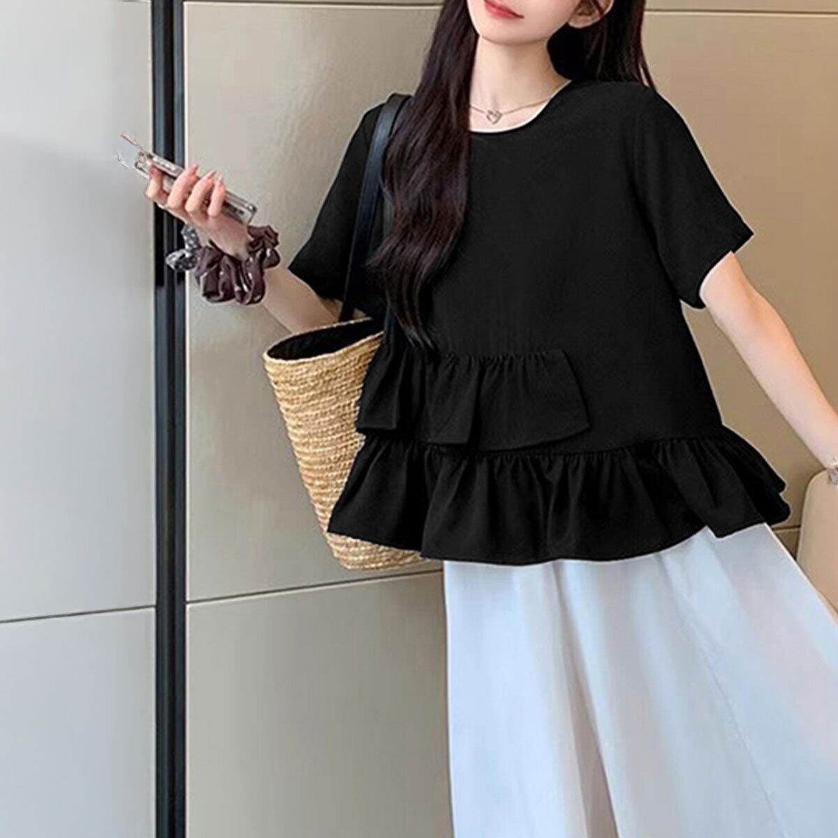 Tシャツ 半袖 レディース 春夏秋 韓国 フリルTシャツ きれいめ 大人 かわいい おしゃれ ペプラム アシンメトリー 裾フレア 大人可愛い 大人女子