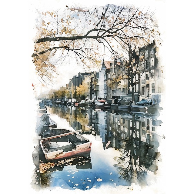 絵画 オランダ 風景画(街並み)  アムステルダムの運河沿い インテリアアート額付き 水彩画・油絵調 WAT0443