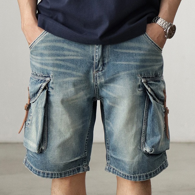 Washed flap pocket denim half pants 00342
