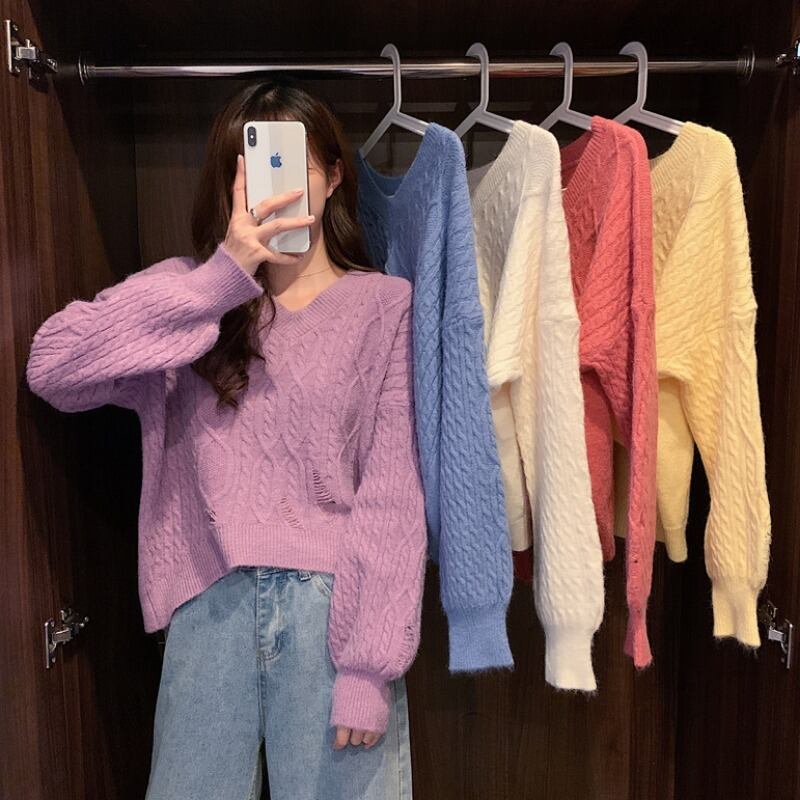 セーター レディースオータムウィンタースタンダードスタイルVネックルーズ薄手ショートニットトップス ロング レトロ 秋物 冬物 1号婦人60865648330