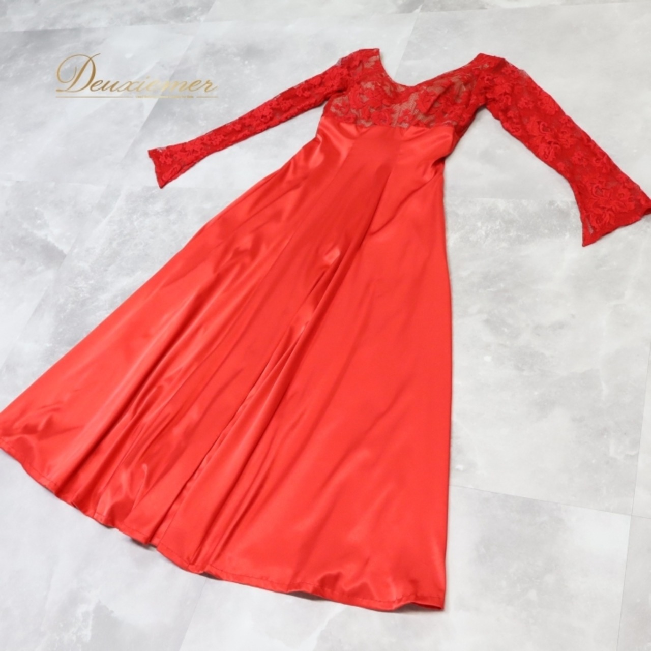 社交ダンス 衣装 スタンダード ドレス ワンピース スタンダードドレス 赤 無地 パーティ 発表会 レース 光沢 伸縮 上品 高級感 綺麗 レッド系 高品質 おしゃれ 女性用 エレガント フォーマル ラグジュアリー シンプル フェミニン スカートエレガント