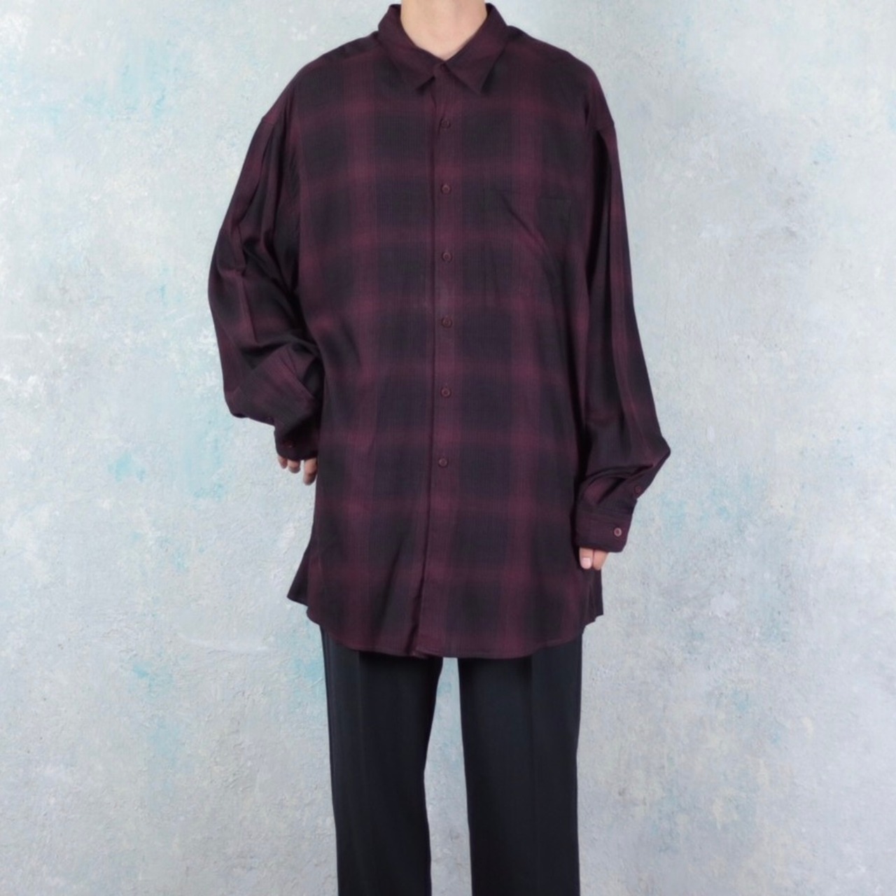 Perry Ellis XXLオーバーサイズ レーヨンオンブレチェックシャツ【CU 