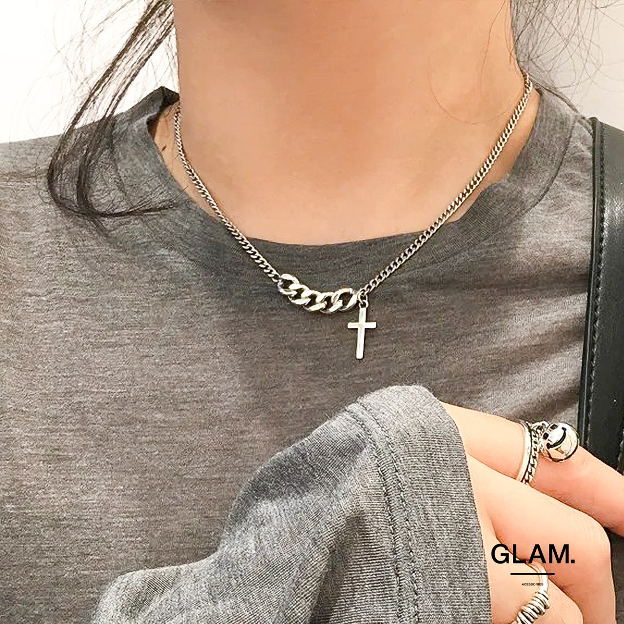 シンプル チェーンクロス ネックレス シルバー