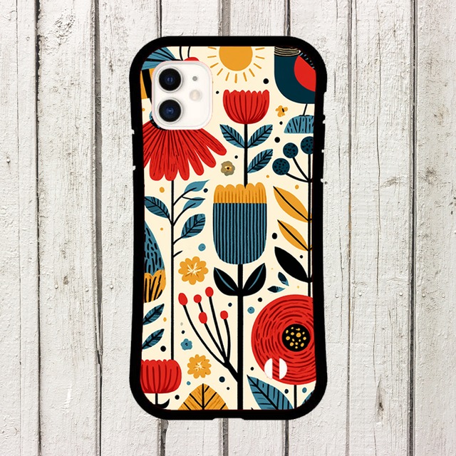 受注生産 iPhoneケース 赤い花と太陽の白背景フォーク柄｜民芸柄 FMSY060A