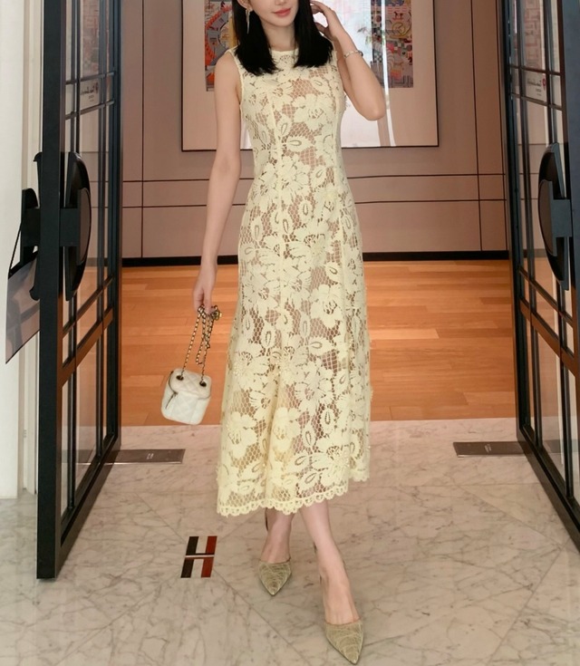 【受注】クリームイエローフルレースワンピース