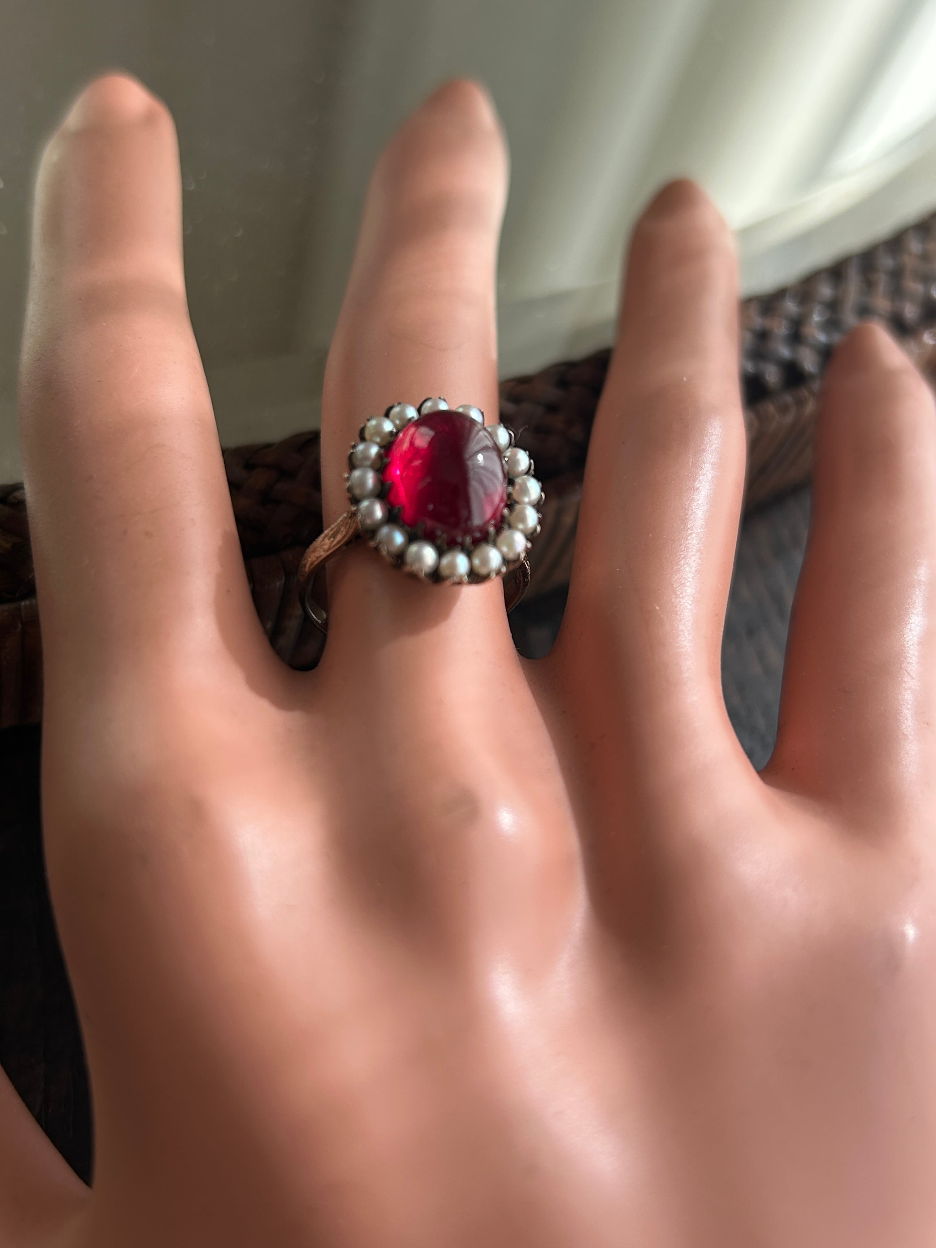 Viotage K12合成ルビーカボッションあこやベビーとりまきリング