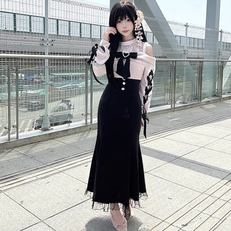 地雷系 ドレス オフショルリボン レース 甘辛 ライブ参戦 推し活|天使と悪魔