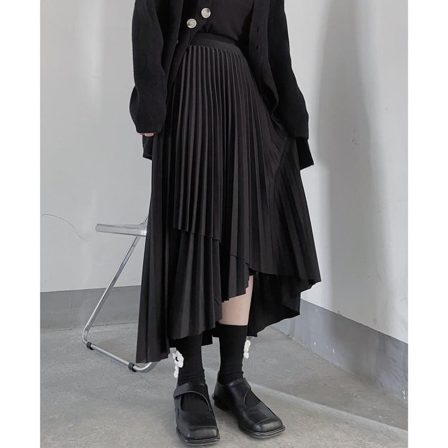 サブカル 服 地雷系 通販 ロングスカート プリーツ アシンメトリー ロングドレープ 大人ゴシック きれいめ 韓国ファッション