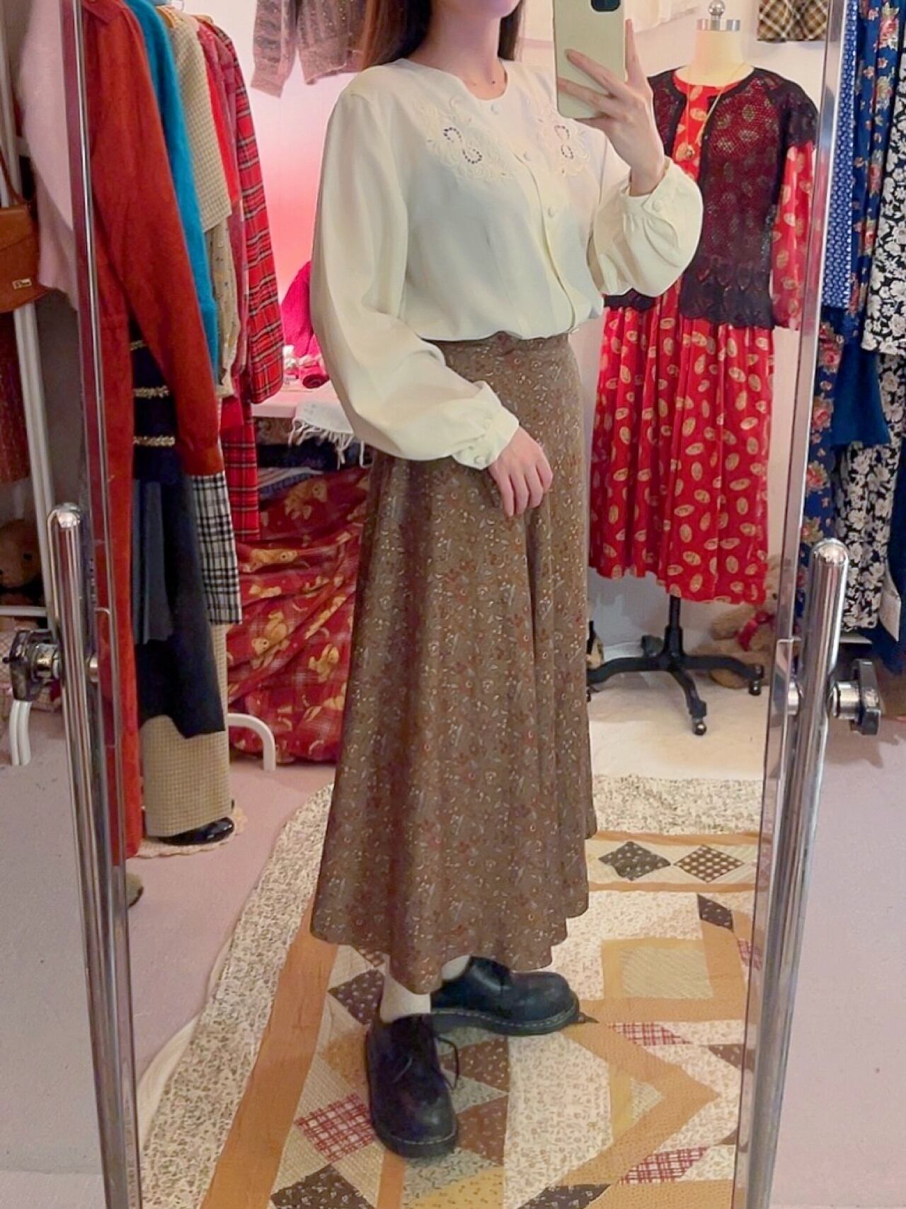 brown flower leaf flare skirt
