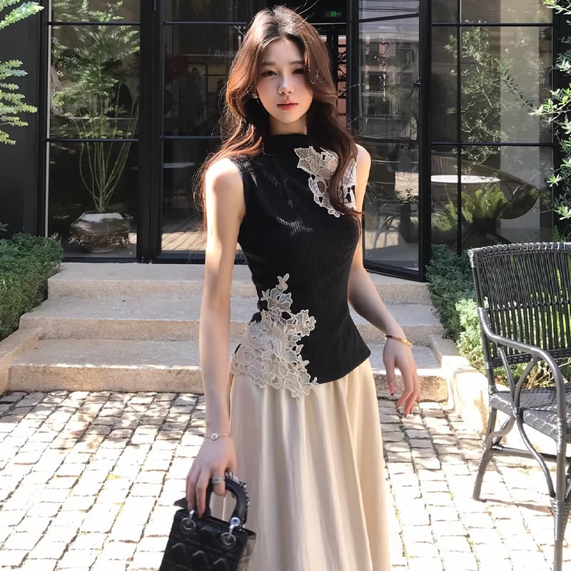 【set】ノースリーブレース刺繍トップス×ロングスカートセット Q8453