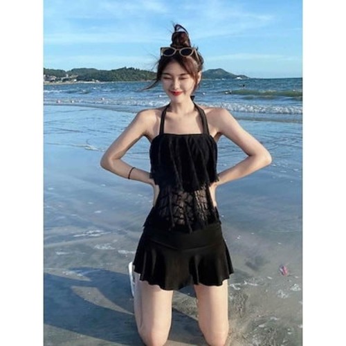 水着 韓国ファッションの水着 体型力バー レディース 水着 2025新作 水着夏純欲風控えめ小胸黒お腹を寄せて痩せ見えスカート風レース水着orange