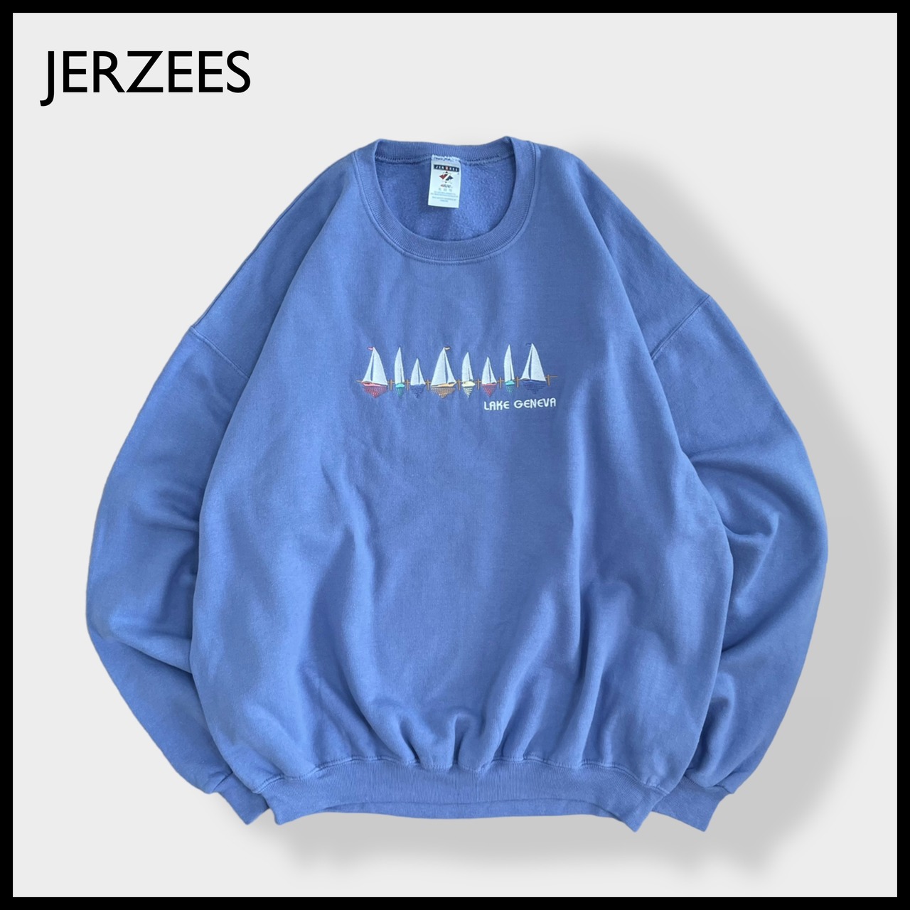 【JERZEES】スウェット 刺繍 LAKE GENEVA ジュネーヴ湖 レマン湖 ヨットトレーナー プルオーバー パステルカラー ライトパープル X-LARGE US古着