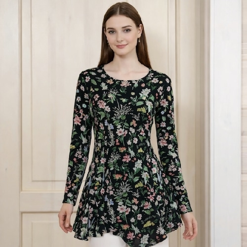 スーパービューティー チュニック 花柄プリント アシンメトリーヘム パワーネット ビジュー付 長袖 2612003 ブラック 2026年春夏 オーラボー Super Beauty レディース ミセス 大人可愛い
