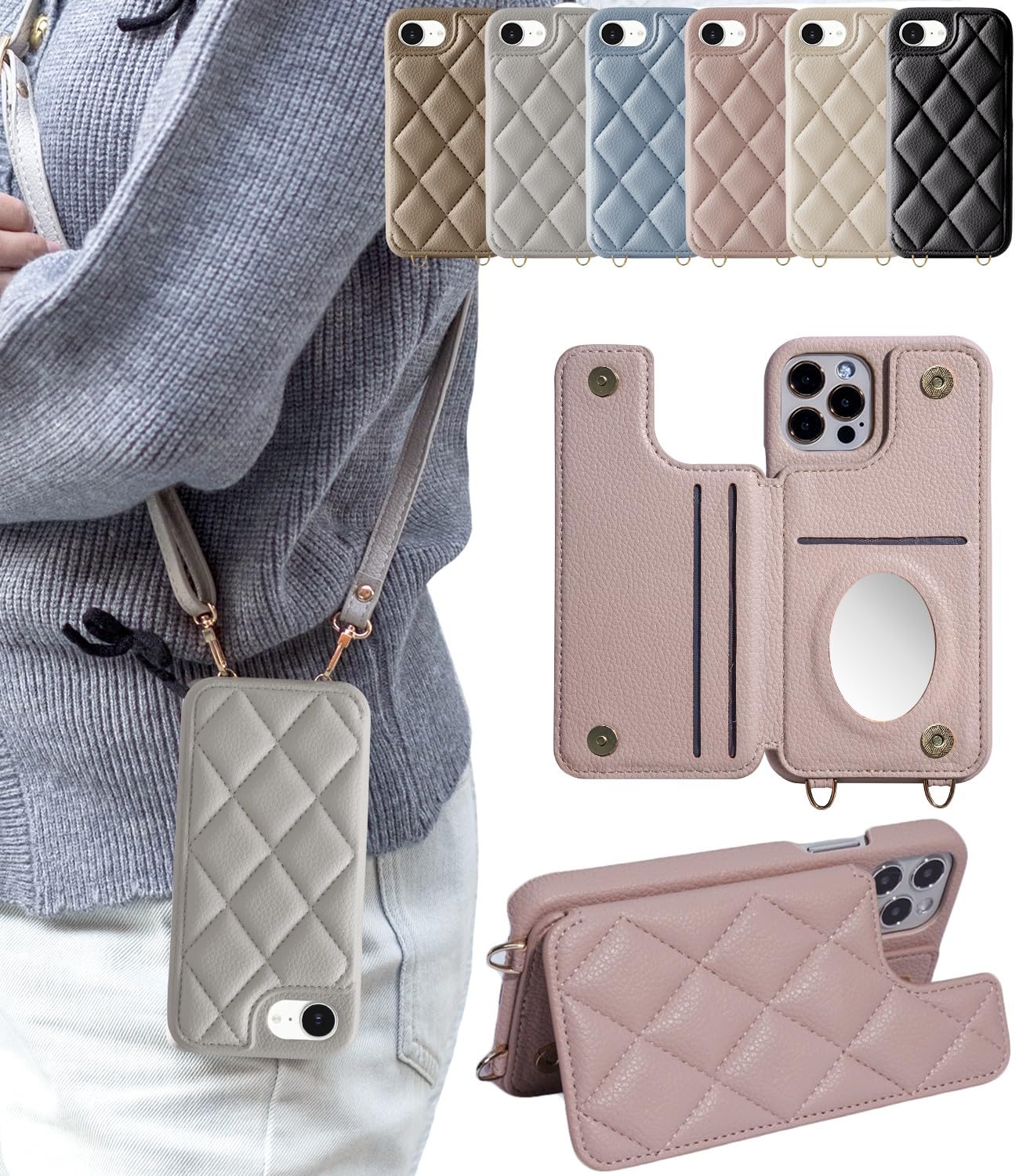 Liisea スマホケース iphone 用の 17e ケース ショルダー カード収納 17E 手帳型 リングなし ストラップ いpほね ショルダー 鏡付き 17 耐衝撃 おしゃれ 可愛い 肩掛け 斜めかけ ミラー付き カード入れ かわいい オシャレ キルティング カード入れ 落下防止 大人可愛い 落下防止 大人可愛い