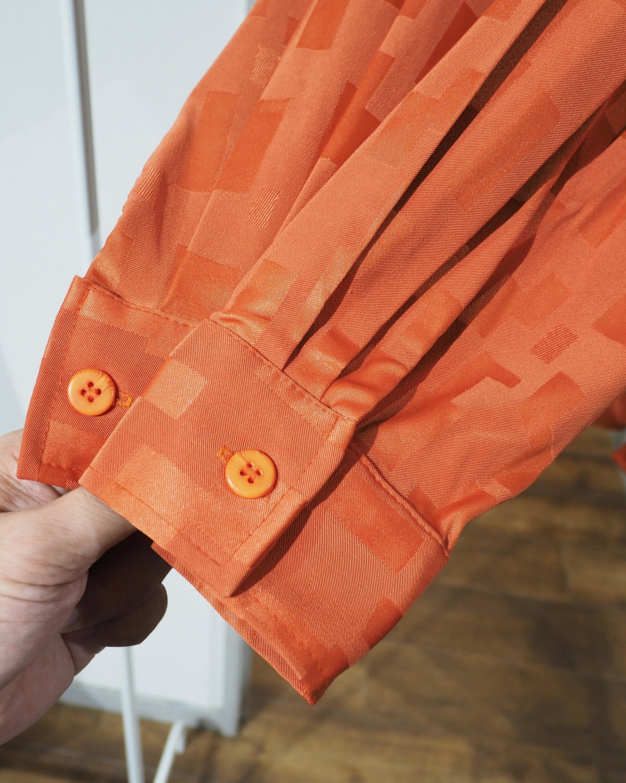 1990s " Made in USA ‐ Smash " Vivid Orange × Block Pattern Vintage Loose Open Collar Shirt