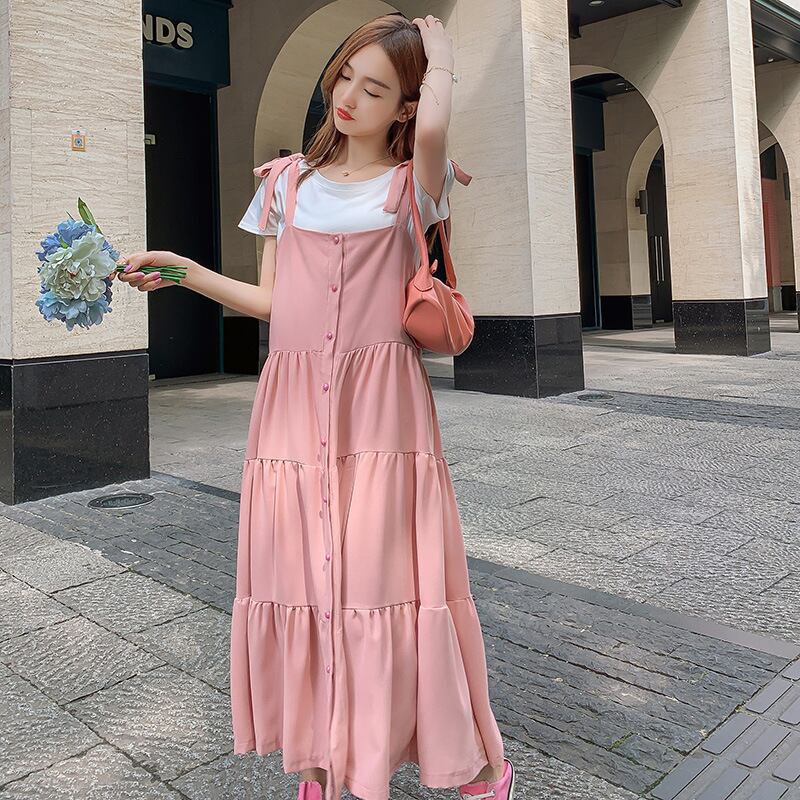 【新作】【送料無料】 マタニティウェア2020夏の新しい流行の母親妊娠中のツーピースTシャツ+シフォンステッチミドル丈サスペンダースカート-アリババ サマー 夏物 expec219613956832