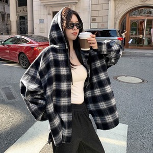フード付き チェック柄 シャツ 長袖 レディース 春秋 起毛 韓国 大人 カジュアル ストリート アメカジ ゆったり オーバーサイズ 体型カバー レトロ おしゃれ 羽織り 大人可愛い 大人女子