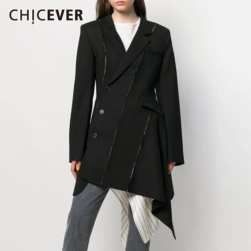 CHICEVERブラックドレスレディースVネック長袖ウエストパッチワークストライプヒットカラーアシンメトリー裾ドレス2020 ロング 6base596448676526
