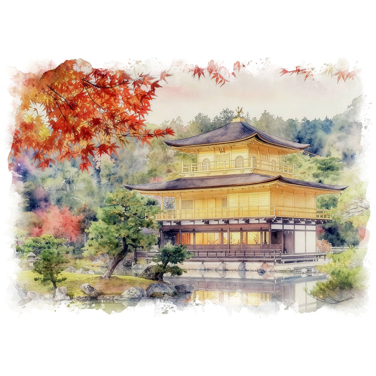 絵画(風景画) 日本 京都府 金閣寺 インテリアアート額付き 水彩画・油絵調 WAT1197
