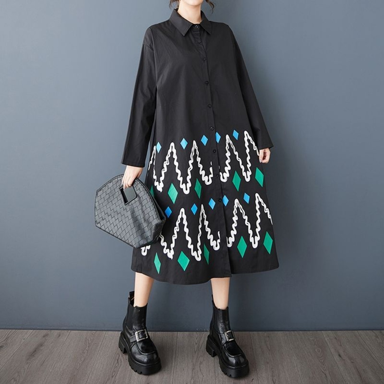 幾何柄 プリント シャツワンピース 00317