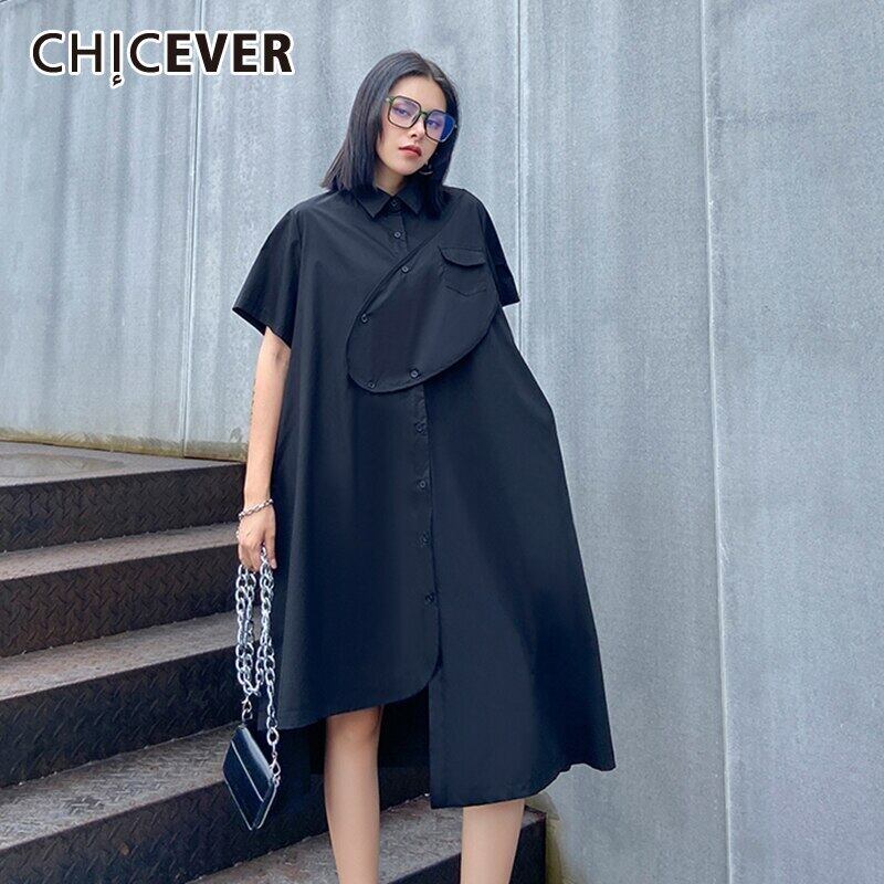 CHICEVERパッチワークドレスラペルカラー半袖非対称裾ミニマリズムドレス2020サマータイド ショート ハーフスリーブ 夏物 6base556441653987