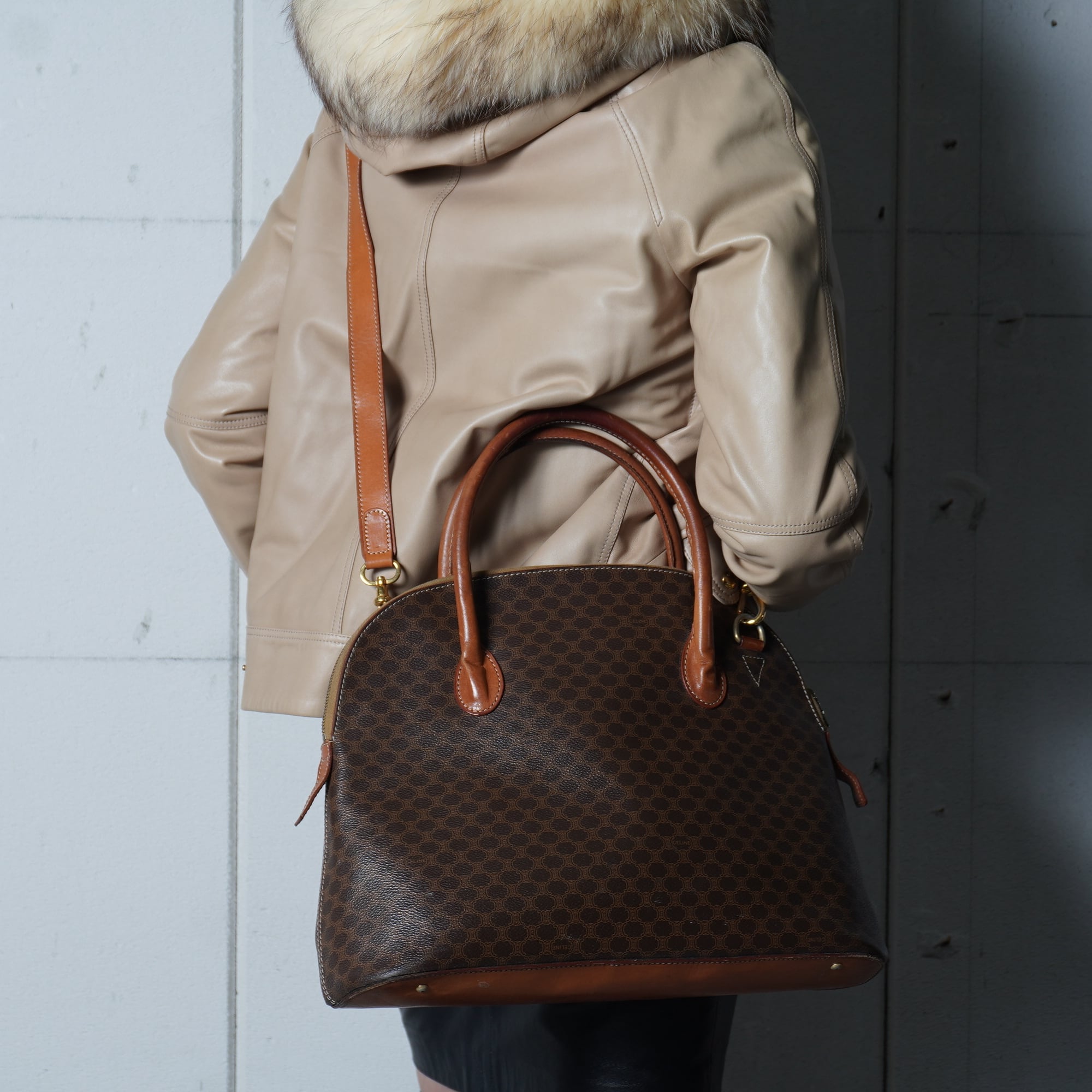 CELINE セリーヌ マカダム金具 レザー ショルダーバッグ 2WAY ハンドバッグ ダークブラウン  ゴールド金具 セリーヌ CELINE マカダム2WAYバック ブラウン ゴールド金具 PVC