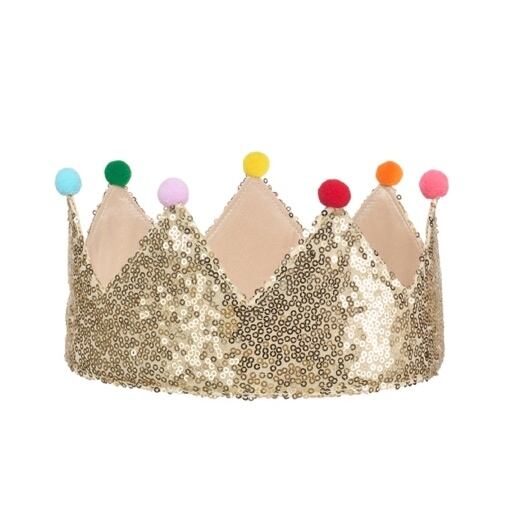 DRM06G:Gold Sequin Pom Pom Crown (3-10 Years)-GOLD