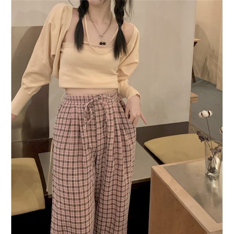 スタンダードルーズ格子柄パンツ サマーカジュアルハイウェストウェスト薄手ストレッチ レトロ エラスティック 伸縮 夏物 萌量不足80688707603