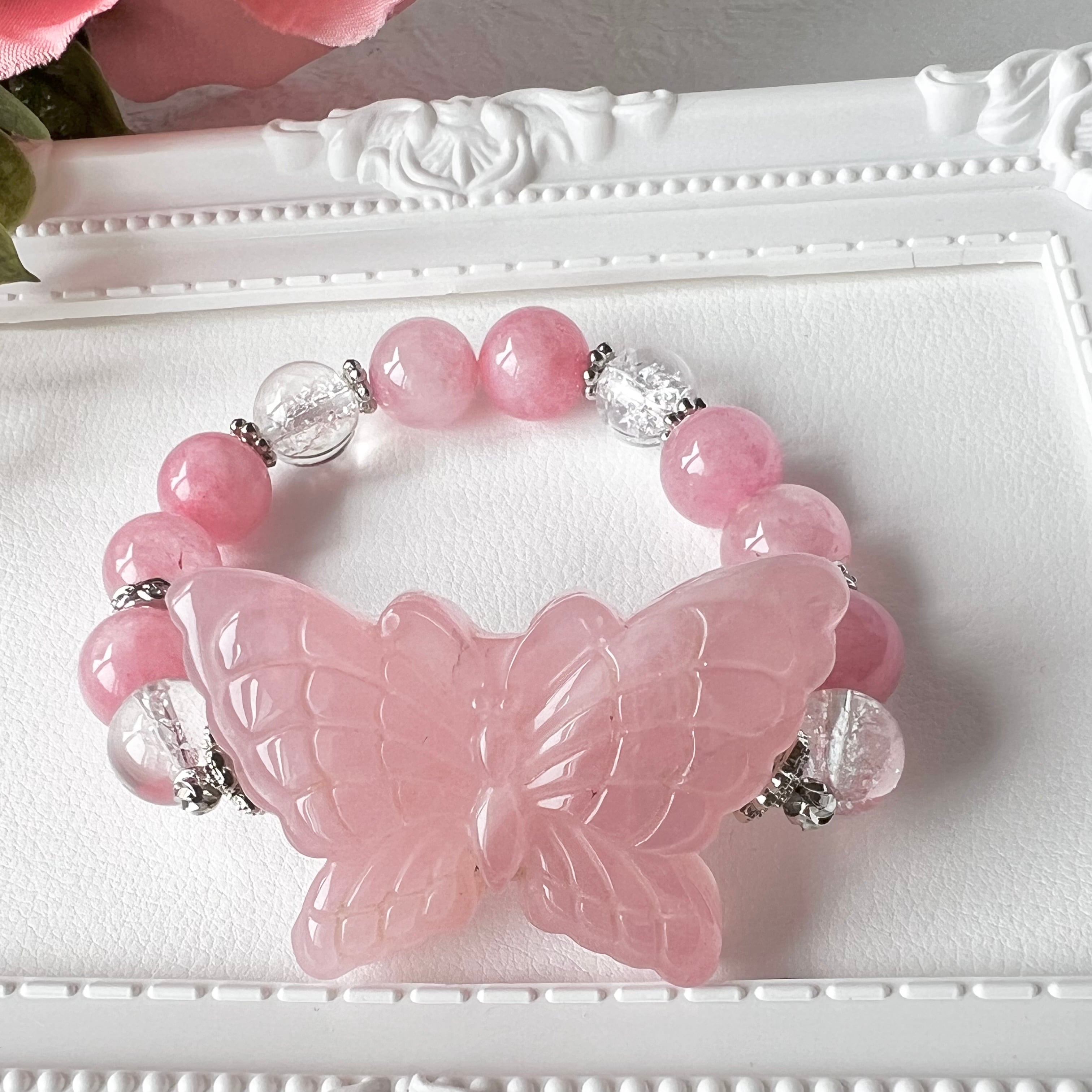 【ローズクォーツ 蝶々 デザインブレスレット】❤︎送料無料❤︎天然石 パワーストーン