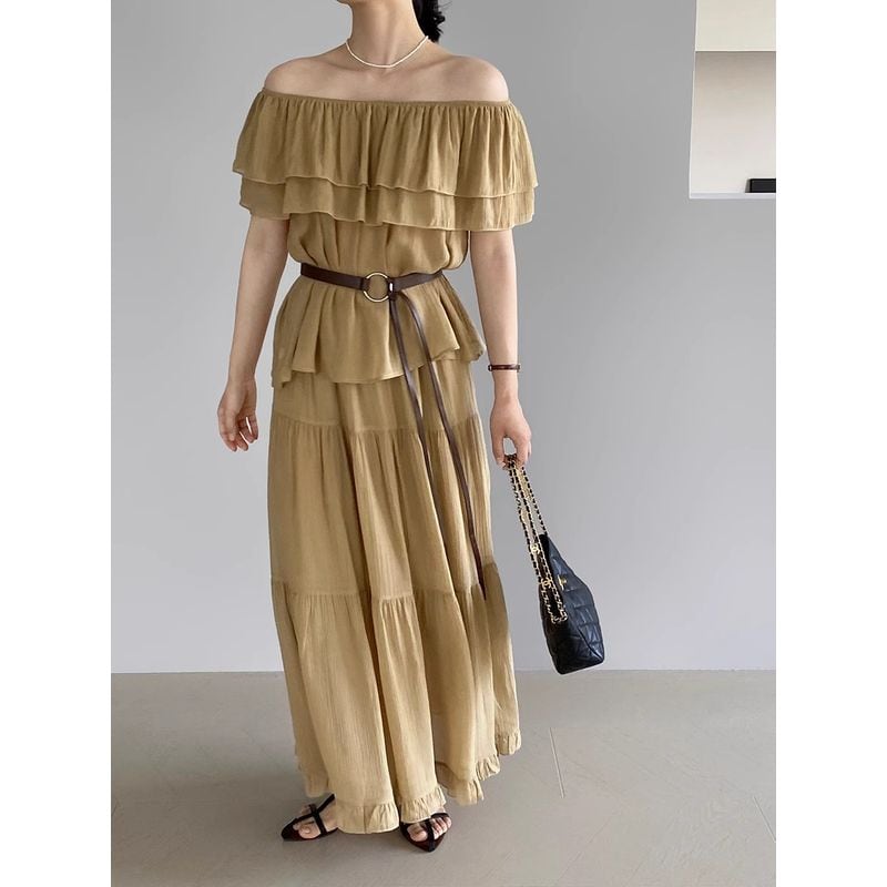 double frill off shoulder blouse skirt set 101500