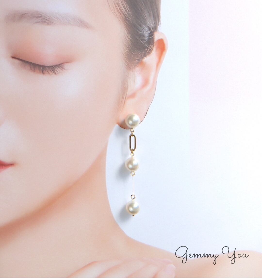 パール ビーズ ロング チェーン チタン ピアス イヤリング 天然石 原石 ハンドメイド