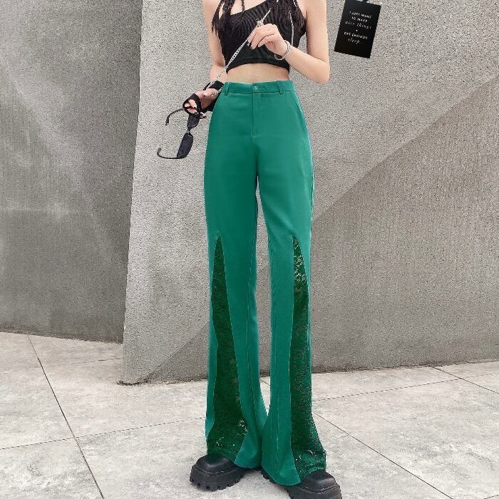 サマースタンダードカジュアルパンツ ハイウェストウェストグリーンレースルーズ レッド レトロ 夏物 ケッペル40610694839