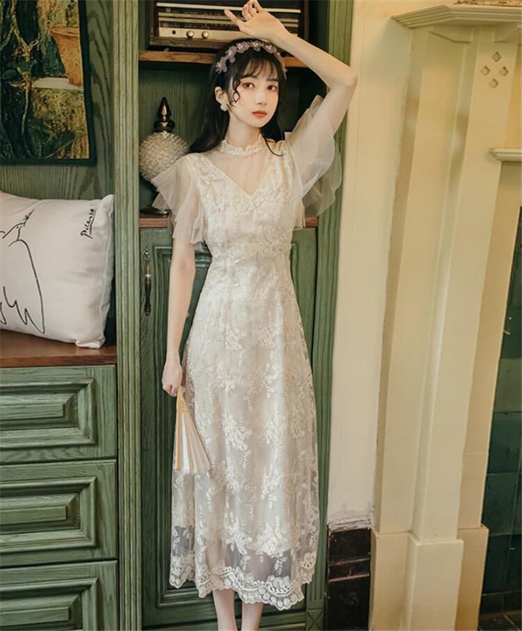 ★簡約!実用★新作 夏 フレンチ レトロ ワンビース 刺繍 レース レーヨン Vネック 気質 sweet系