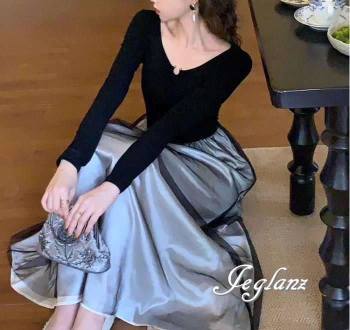 マキシ丈 ワンピース 切替 ニット 配色 きれいめ シンプル派 2色 ( M4955)γ