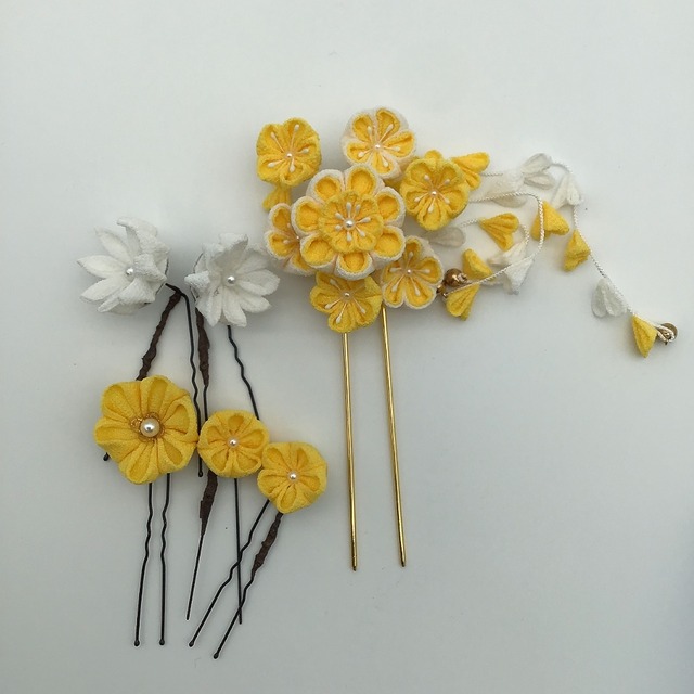 つまみ細工　かんざしセット　黄×白