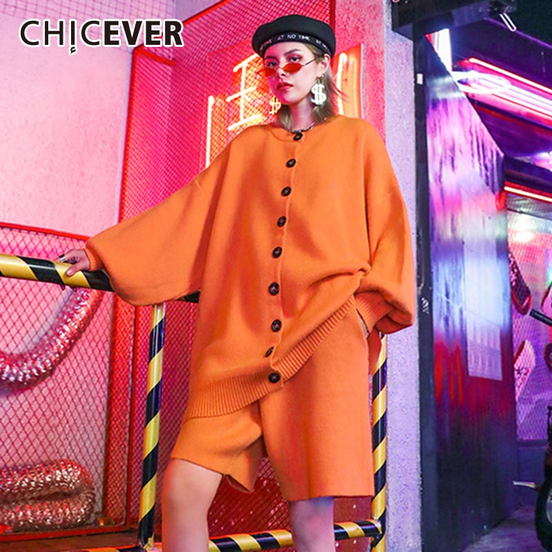 CHICEVER Kntting Two Piece Set WomenOネックランタン長袖カーディガンウエストレースアップ膝丈パンツ2020 ロング 6base580046861050