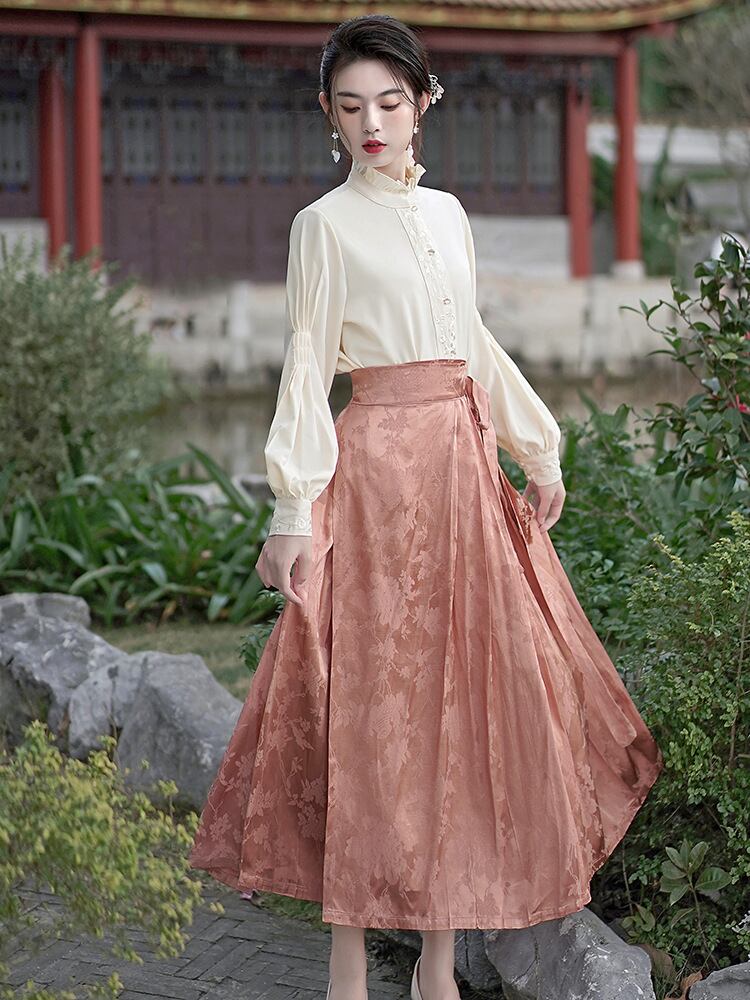 チャイナ風ブラウス+スカート 二点セット 刺繍 長袖 改良型漢服