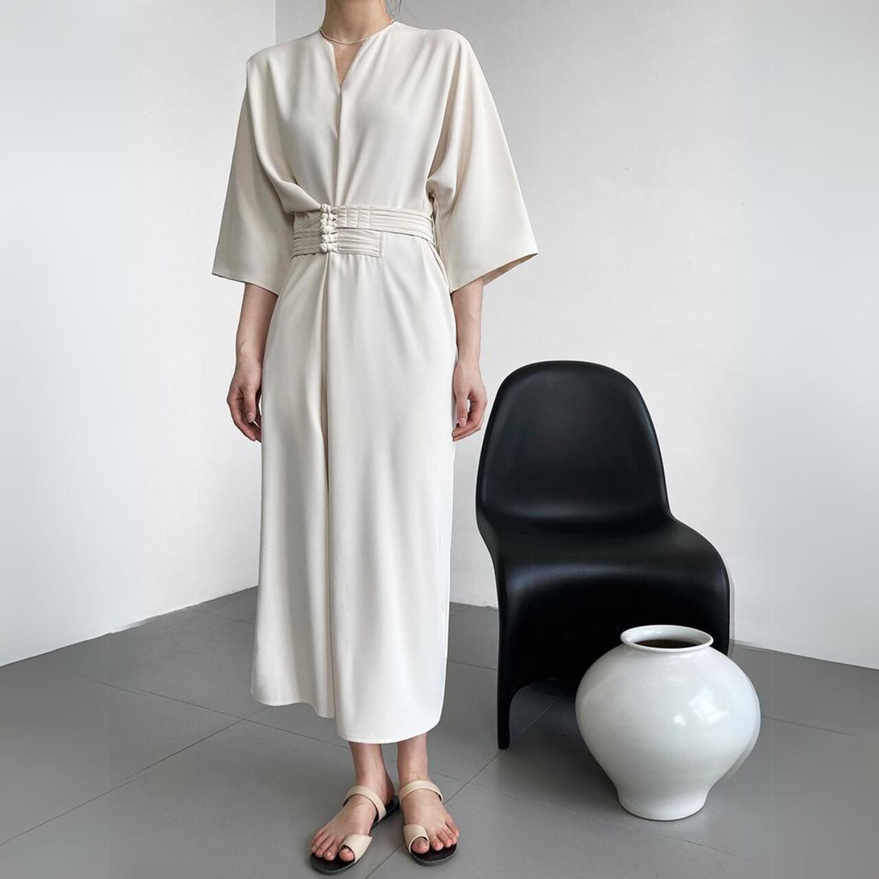 ウエストベルトドレープワンピース　a0075