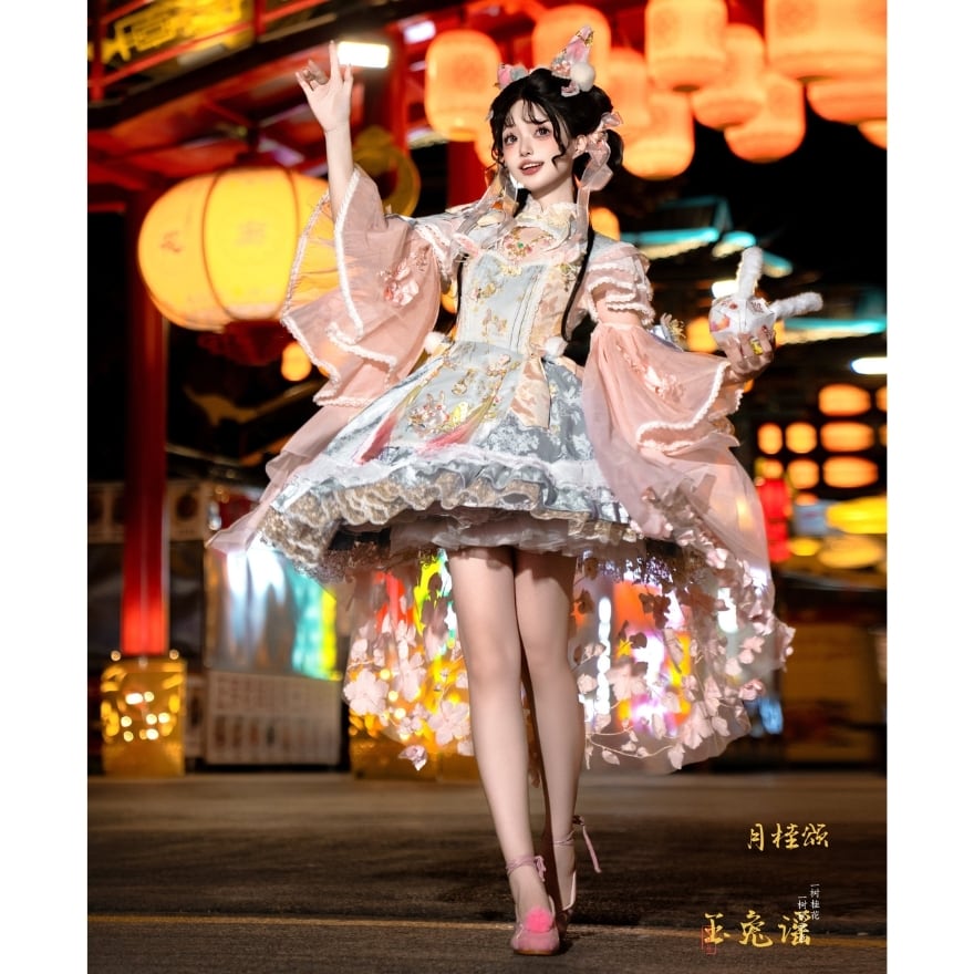 桜灯りの夜市 中華ロリィタワンピース（ピンク）｜幻想ランタンに舞う
