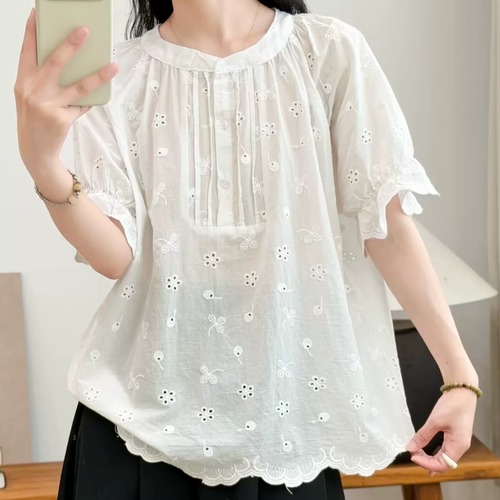 4色/アイレット刺繍ピンタックブラウス ・11927
