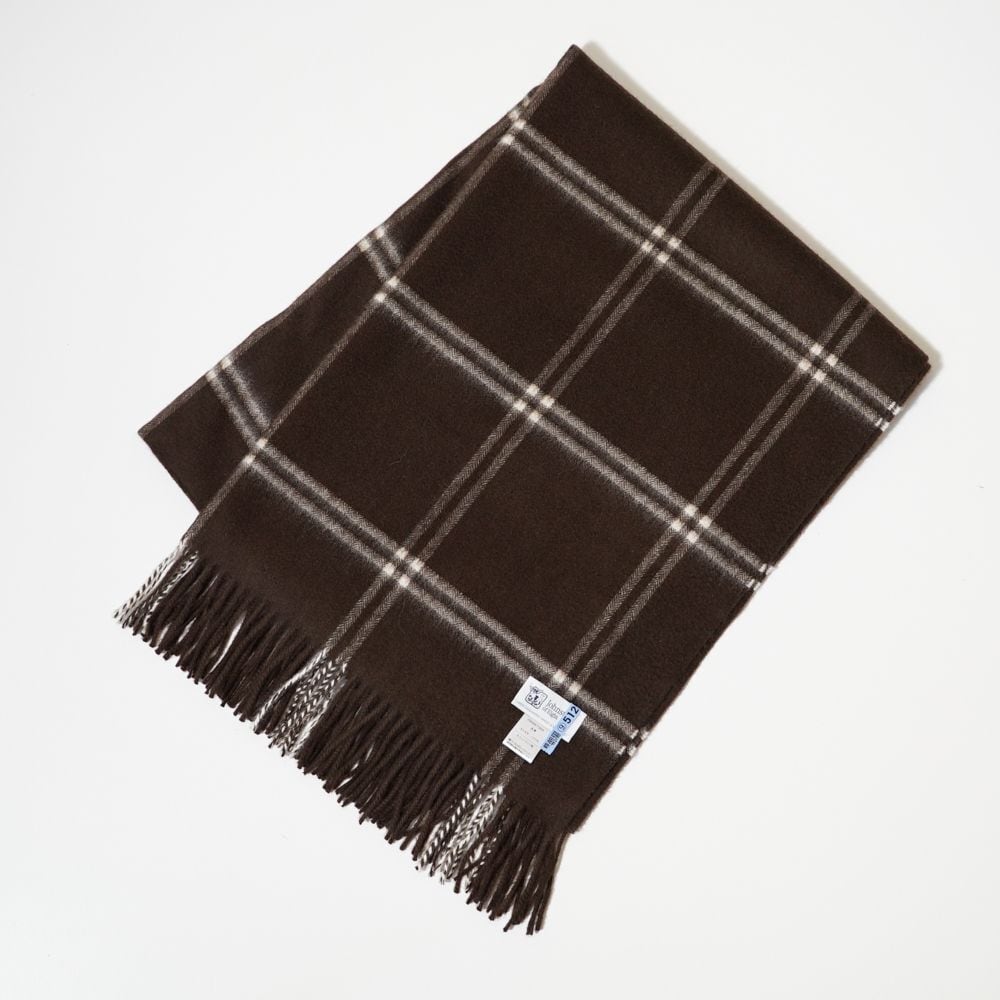 《OUTLET》国内正規品・Johnstons ジョンストンズ カシミヤ大判ストール ブラウン ウィンドーペン カシミア 100% 茶