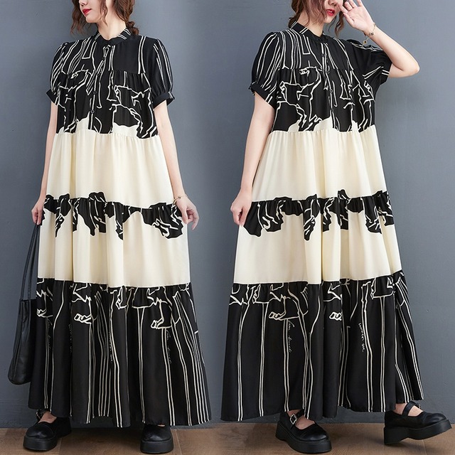 STAND COLLAR PRINT LONG TIERED SHIRT DRESS 1color M-5169